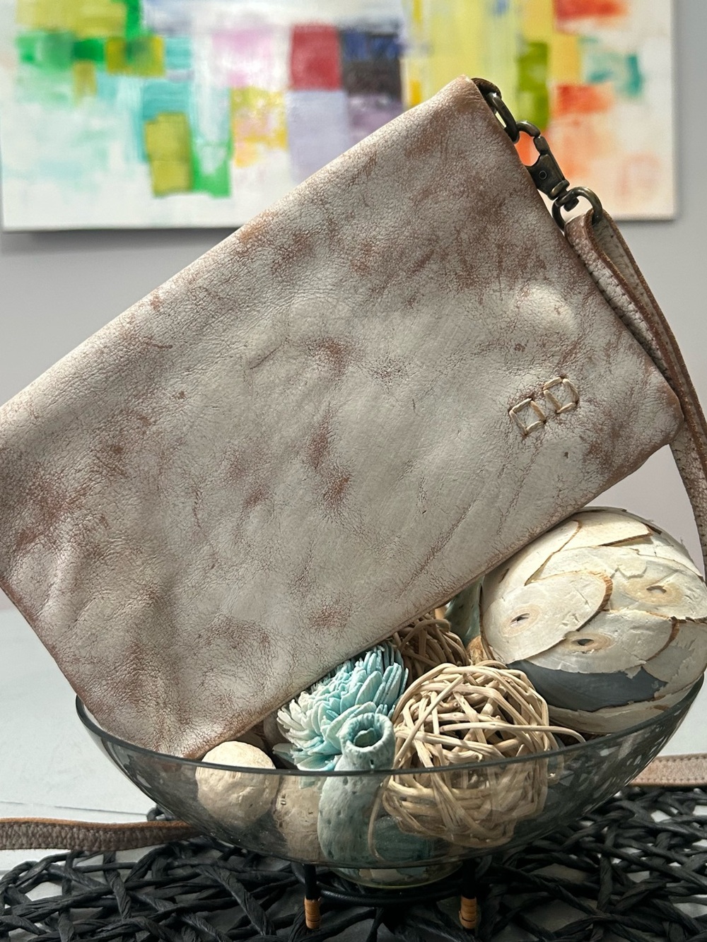 RARE Bed Stu Nectar Lux Cream & Light Brown Marble Crossbody Wristlet Clutch